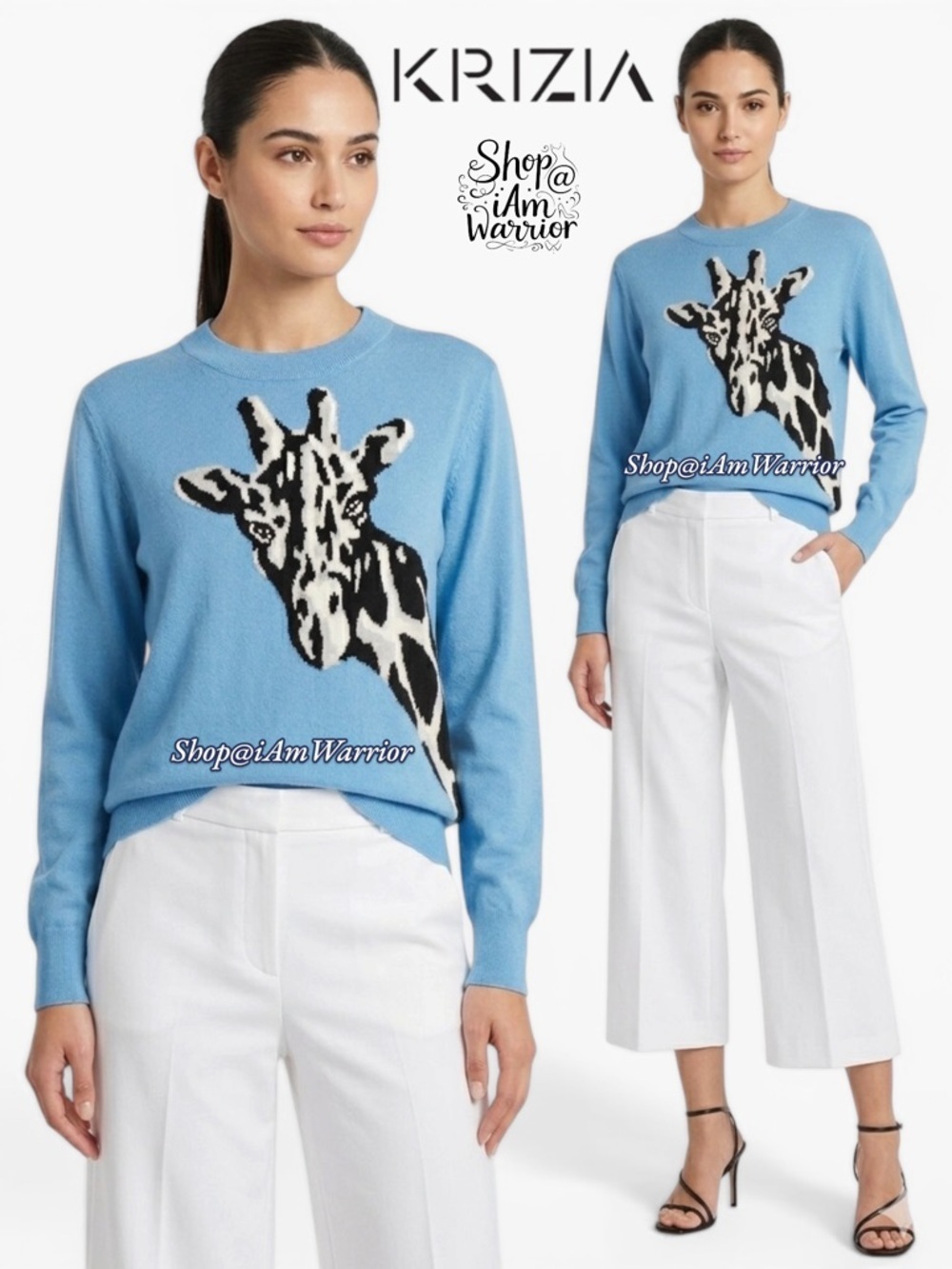 Krizia RARE 80s giraffe head crewneck cornflower blue sweater *shop@iamwarrior